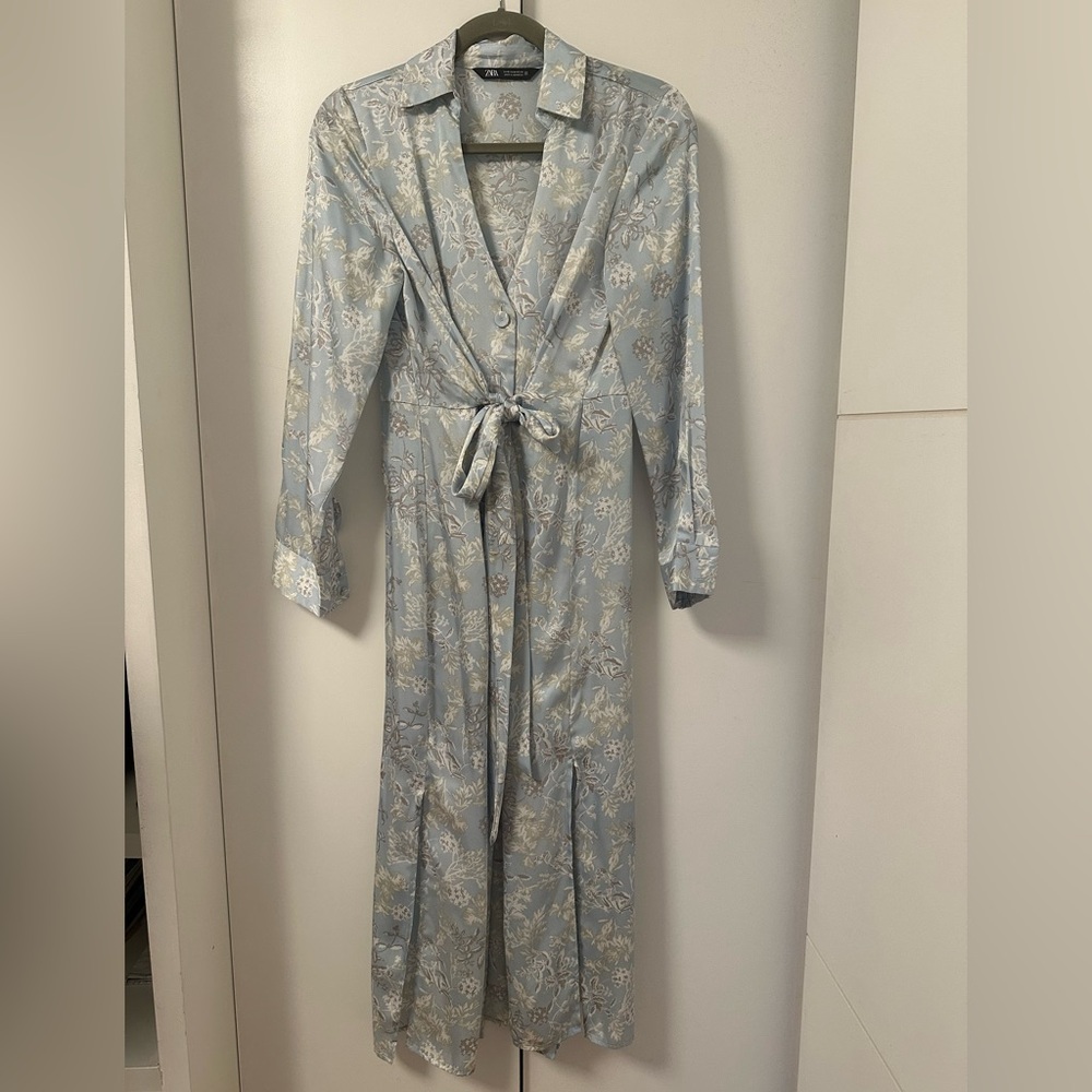 Blue Cream Floral Shirt Dress with Notched Collar